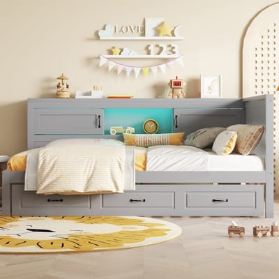 Slaapbank/Slaapbank, 90*200 cm, met LED-verlichting, opbergvakken naast het bed, uitschuifbaar bed, stopcontact + USB-poort, matras niet inbegrepen, grijs.