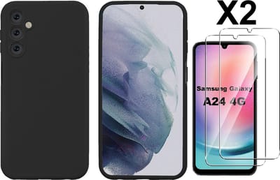 Hoesje Geschikt Voor Samsung Galaxy A24 Hoesje siliconen Zwart zacht siliconen hoesje TPU backcover - Met Screenprotector - 2 stuks