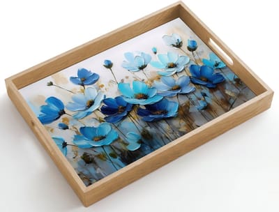 Dienblad hout 50x35 cm - Schootdienblad - Bloemen - Schilderij - Blauw - Borrelplank rechthoek - Plateau dienbladen
