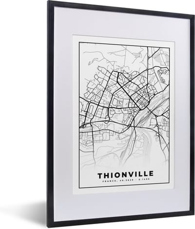 Fotolijst incl. Poster Zwart Wit- Frankrijk - Thionville - Plattegrond - Stadskaart - Kaart - Zwart wit - 30x40 cm - Posterlijst