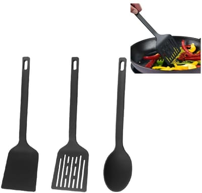 Keukens Bakspatels en roerlepel - Bakspaan - Lengte 33.5 CM Wok spatel- Hittebestendig - Anti-aanbak - Anti Slip - Ophang baar keukengerei- set 3 stuks zwart| Cadeau moederdag| Vaderdag