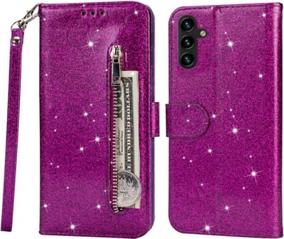 Portemonnee Hoesje - Wallet Case - Rits Sparkly Glitter - Telefoonhoes met Kord Geschikt voor: Samsung Galaxy A34 4G & 5G - Paars