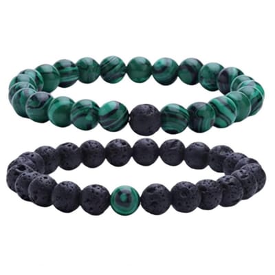 Fako Bijoux® - Dubbele Kralen Armband - 8mm - Natuursteen Armband - Malachiet & Lavasteen