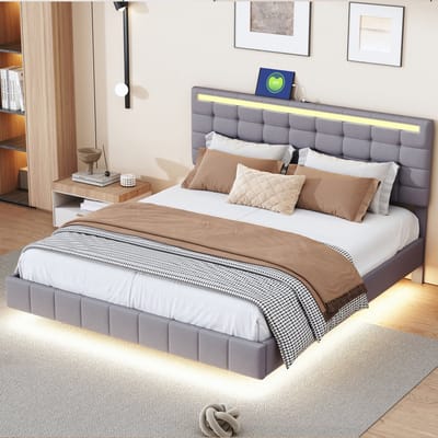 Gestoffeerd bed 160 x 200 cm, zwevend bedframe met ledverlichting en oplaadpoort, tweepersoonsbed, verborgen bedpoten, grijs beddengoed