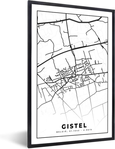 Fotolijst incl. Poster Zwart Wit- Plattegrond – Gistel – Zwart Wit – Stadskaart - België - Kaart - 40x60 cm - Posterlijst