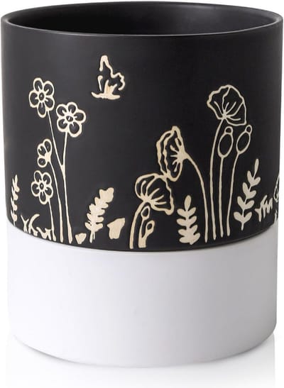 Zelfbewaterende keramische plantenpot 6 inch - Ronde bloempot met drainage en wateropslag voor binnen- en buitenplanten - Zwart