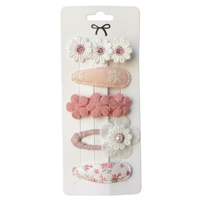 Roze witte bloemen haarspeld set – zachte textiel haarclips voor meisjes – pastel bloemmotief en florale haarspeldjes – lieve klikclips – set van 5 stuks