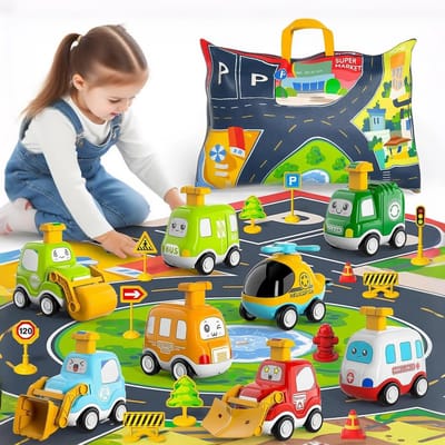 Dailygoods- Speelgoedautoset 10-delig - Terugtrekauto's - Speelset - Opbergtas - Speelmat - Voor kinderen vanaf 1 jaar - Verkeersset