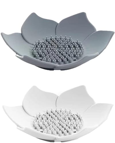 longziming -Zeepbakjes met afvoer – Set van 2 – Siliconen zeep houders in bloemvorm – Voor badkamer, douche en keuken – Wit en grijs