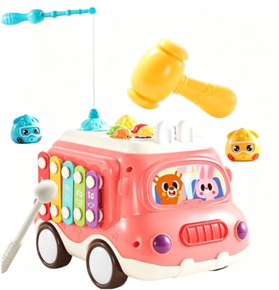 Babybus Montessori Muziekspeelgoed voor 1-3 jaar oud met geluidslichte xylofoon/hamer/vissersspel Windmolen Sensorisch leren, Multifunctionele Bus Auto Muziekinstrumenten Babyontwikkeling Educatief speelgoed