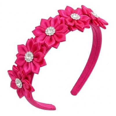 Fuchsia satijnen haarband dames met bloemen en strass – elegante haaraccessoire met bloemdecoratie