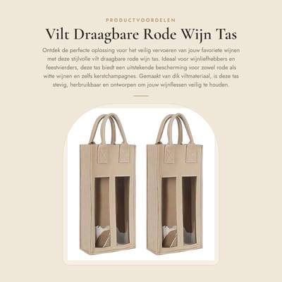 Dailygoods- Wijn Tas Dubbel - Vilt - Schokbestendig - Herbruikbaar - Draagbare Wijn Beschermhoes - 2 Stuks - Beige - Wijnfles Tas