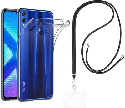 Set met hoesje en nekband voor huawei honor 8x / honor view 10 lite - Flexibele, transparante TPU-bescherming, verstelbare universele nekband voor mobiele telefoons, zwarte nekband, transparante draagriem van Phonillico®