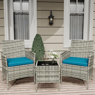 3-delige bistroset voor op het terras – Tuinset van PE-rotan – 2 stoelen met kussens – een salontafel – Weerbestendig – Grijs-gemêleerd rotan – pauwblauwe kussens