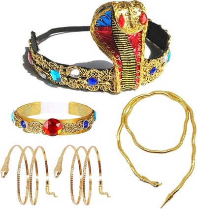 Set van 5 Egyptische Kostuumaccessoires voor Vrouwen - Pharaoh Hoofdband, Sieraden en Slangarmband voor Halloween en Feestjes