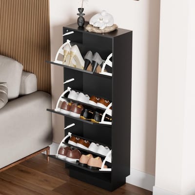 UEV Schoenenkast met 3 kleppen, schoenenkast met lijnpatroon, schoenenrek met anti-kantelfunctie, voor hal, entree, woonkamer, 50 x 24 x 131 cm, zwart