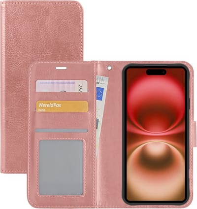 Hoesje - Met Pasjeshouder - Geschikt voor Apple iPhone 16 - Luxe Bookcase Portemonee - Flip Case - Kunstleer Book Case - Flipcase - Book Cover - Walletcase - Portemonneehoes - Rosé goud