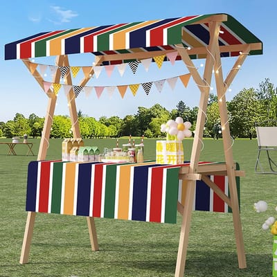 Mobiele Houten Kar - Marktkraam Wagentje - Straatverkoop Promotie - Inklapbaar Zonnezeil - 120 cm Breed - Houtkleur