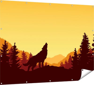 Gards Tuinposter Silhouet van een Wolf in het Bos - Abstract - 160x120 cm - Tuindoek - Tuindecoratie - Wanddecoratie buiten - Tuinschilderij