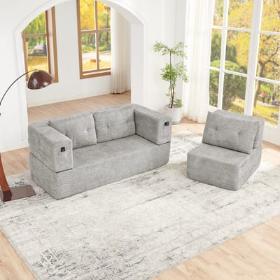 STILVORA Slaapbank 2-Zits Met Fauteuil - Opvouwbaar Modulaire Logeerbank - Voor Woonkamer En Logeerkamer - Stof Lichtgrijs