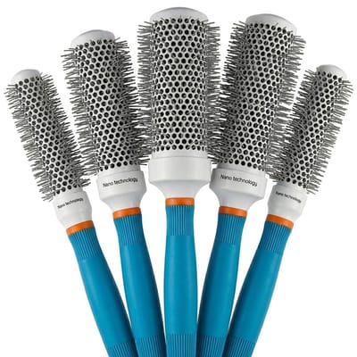Blauw wit ronde haarborstel set 5 delig voor dames en heren föhn borstel set met metalen kern en kunststof pinnen geschikt voor blow dry styling en dagelijks gebruik