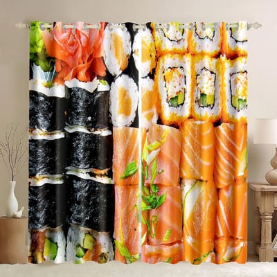 Grappige Japanse Eten Sushi Print Gordijnen voor Kinderen Woonkamer Slaapkamer Keuken Raam Draperie Rechts Openslaande Draperieën 2 Panelen W60H60(CM)x2PCS&Grommet Top orange