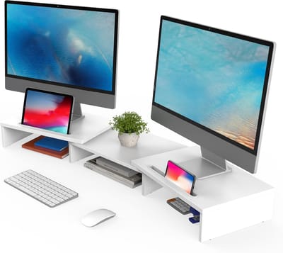 Famanu – Verstelbare houten monitorverhoger met telefoonhouder, draaibare lengte 79–111 cm, geschikt voor laptop of printer, wit