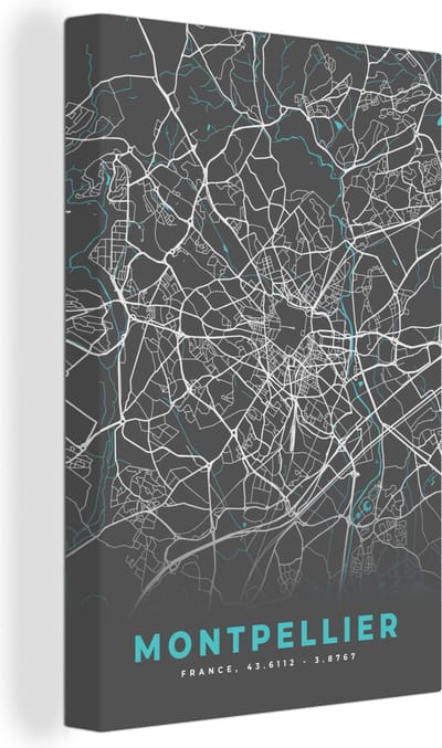 Canvas Schilderij Montpellier - Frankrijk - Stadskaart - Kaart - Plattegrond - 20x30 cm - Wanddecoratie