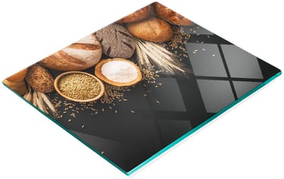 Decoratieve glazen keukensnijplank met brood- en tarwemotief, 60x52 cm