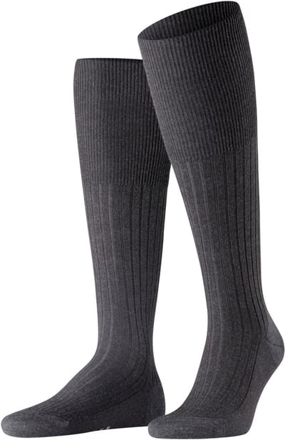 FALKE Bristol Pure effen geribd wol kniekousen heren grijs - maat 39-40
