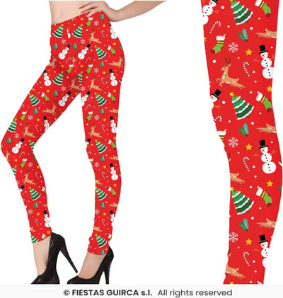Guirma - Kerst & Oud & Nieuw Kostuum - Legging Kerst Rood Met Print Vrouw - Rood - Maat 38-40 - Kerst - Verkleedkleding