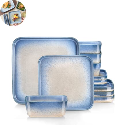 Luxe Serviesset – 12 delig – 4 persoons – Porselein - Bordenset – Dinner platen – Dessertborden - Kommen - Mokken - Schaaltjes - Lichtblauw Roze
