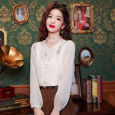Draaiend Shirt Dames Zomer Nieuw Chic Blouse met Lange Mouwen Geborduurde Top 2XL