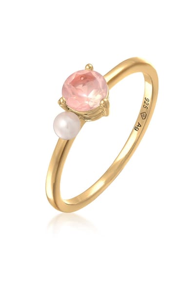 Elli PREMIUM - Ring - Elegant met Rozenkwarts en Zoetwater Gekweekte Parel in 925 sterling zilver Verguld - Dames