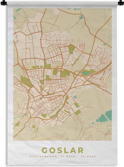 Wandkleed - Wanddoek - Goslar - Plattegrond - Kaart - Vintage - Stadskaart - 120x180 cm - Wandtapijt