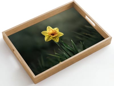 Dienblad hout 50x35 cm - Schootdienblad - Bloem - Narcis - Gras - Geel - Borrelplank rechthoek - Plateau dienbladen