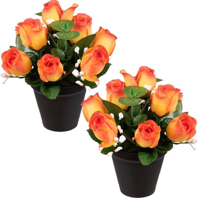 Louis Maes Kunstbloemen klein boeketje rozen in pot - 2x - oranje - H25 cm - Bloemstuk - Bladgroen