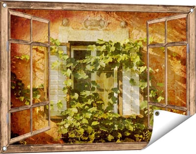 Gards Tuinposter Doorkijk Raam met Luiken - 90x60 cm - Tuindoek - Tuindecoratie - Wanddecoratie buiten - Tuinschilderij