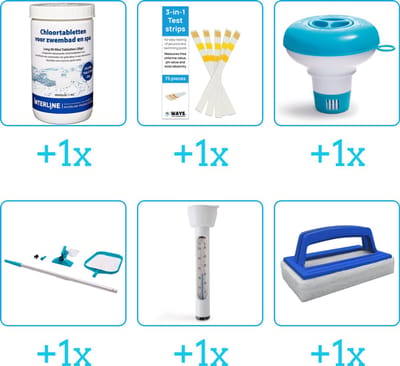 Zwembad Onderhoudspakket - Onderhoud Zwembad - bevat Chloor - Testrips - Chloordrijver - Schoonmaakset - Thermometer en Scrubborstel (6-delig)