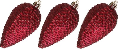6x stuks kunststof dennenappels kerstballen 8 cm donkerrood glitter - Kerstboomversiering