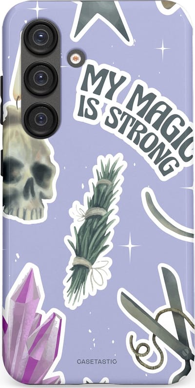 Casetastic hoesje geschikt voor Samsung Galaxy S25 - Dubbellaagse bescherming - Lila Paarse Hekserij Strong Magic Sterren Collage - Fashion Case - Lila Lichtgrijs Wit
