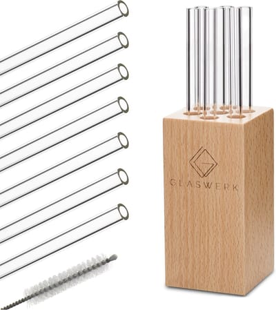 Frezzeria glazen rietjes 7 stuks 0,8 x 20 cm (ØxH) houten houder borstel