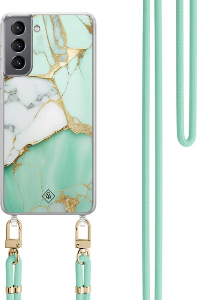 Casimoda® hoesje met koord - Geschikt voor Samsung S21 - Marmer Mintgroen - Afneembaar koord - TPU/polycarbonaat - Mint