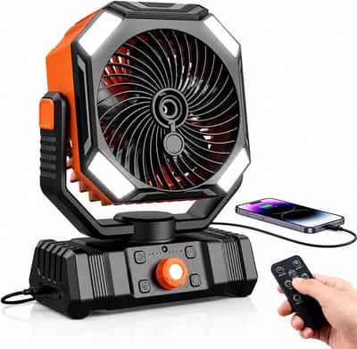 Draagbare campingventilator met een waterreservoir van 300 ml, oplaadbare batterij, ledverlichting, haak, timer en afstandsbediening. Geschikt voor gebruik binnen, op de camping, buitenshuis en op kantoor.