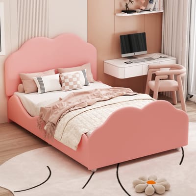 Eenpersoons kinderbed met wolkenvorm en hoge omheining - voor kinderkamer en tienerkamer - 90x200 cm - Roze - Zachte fluweel - Verstelbaar hoofdbord - Inclusief lattenbodem