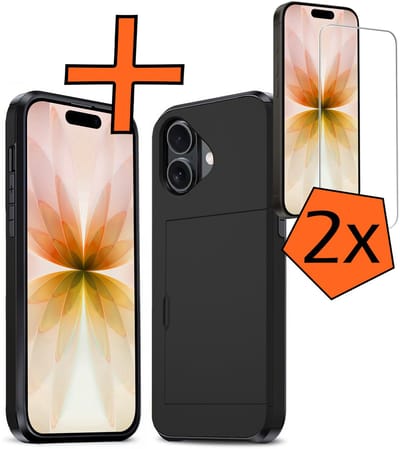 Hoesje Geschikt voor iPhone 17 Hoesje Pasjeshouder Shockproof Hard Case Met 2x Screenprotector - Hoesje Geschikt voor iPhone 17 Hoes Met Kaarthouder - Zwart