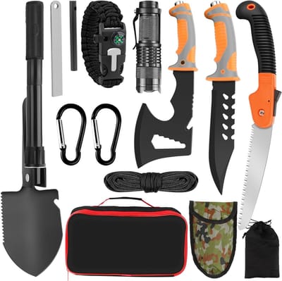 Complete 11-in-1 Overlevingsset voor Buitenactiviteiten met Campingbijl, Vouwschep, Vouwmes en Firestarter voor Avontuurlijke Kampeertrips