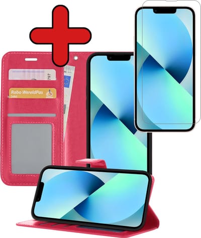 Hoesje - Met Screenprotector - Geschikt voor Apple iPhone 14 - Luxe Pasjeshouder - Flipcase - Bookcase Portemonee - Flip Case - Kunstleer Book Case - Book Cover - Walletcase - Portemonneehoes - Telefoonhoes - Donkerroze