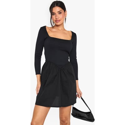 boohoo Dames Lange jersey rib katoenmengsel mini-jurk met lange mouwen | Zwart | Maat: 36