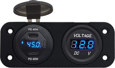 ProRide 12V USB C Autolader 2 Poorten Inbouw met Wattagemeter - 45W/QC3.0 - Tweevoudig inbouw paneel - Blauw